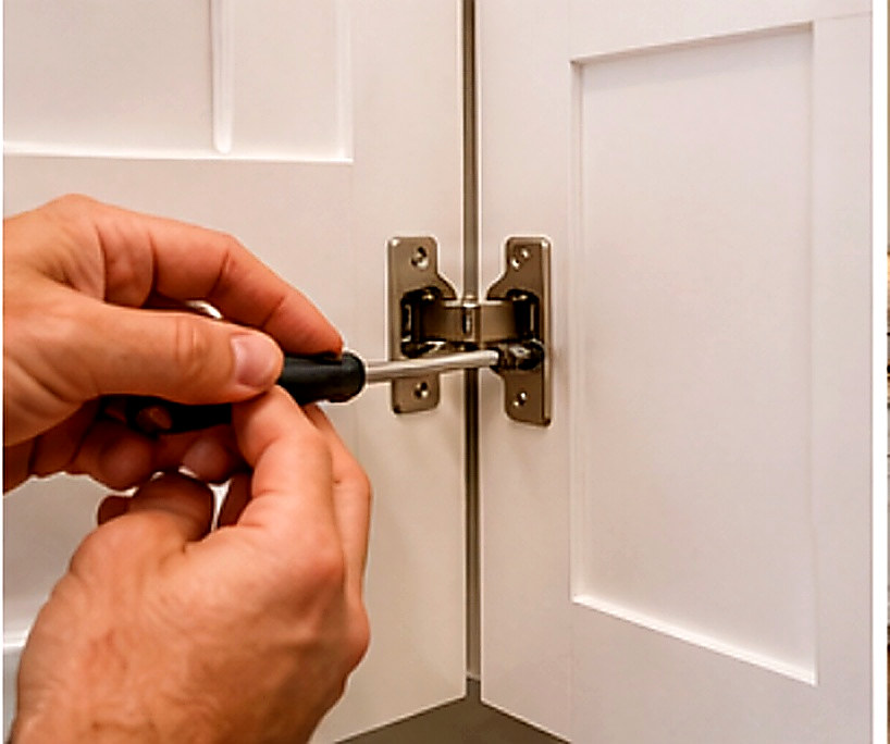 Hands installing cabinet hinge with precision screwdriver, Connecticut carpentry project