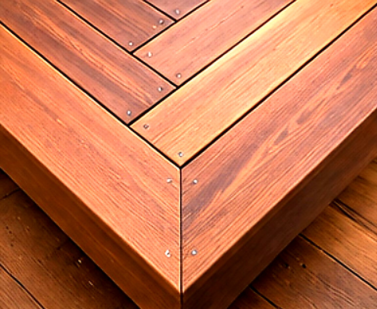 Close-up of mitered corner joinery on composite decking, Connecticut carpentry project