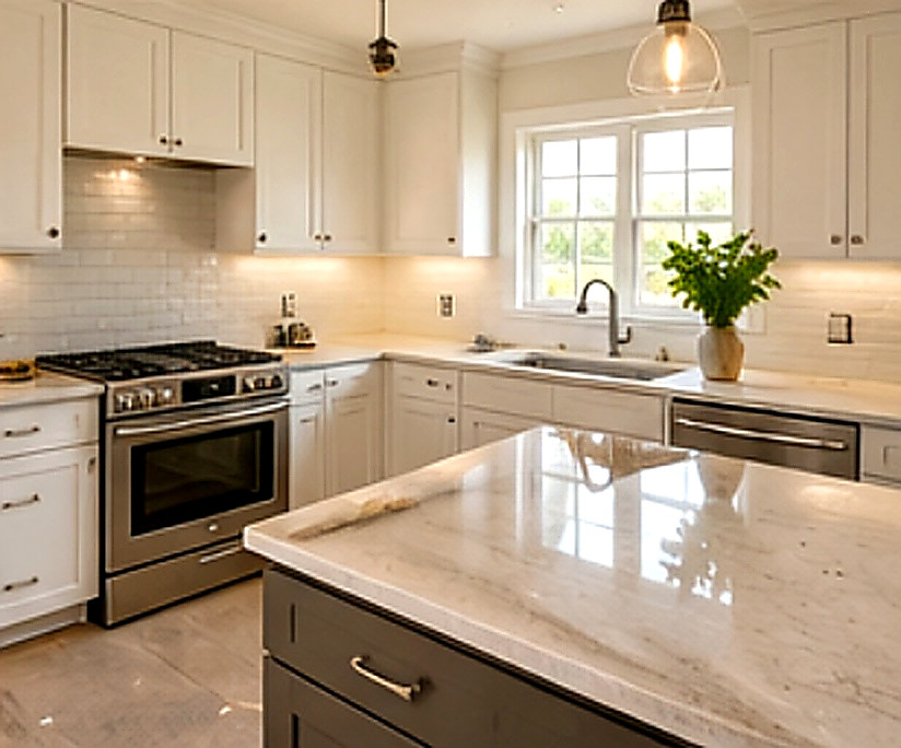 Finished luxury kitchen with white shaker cabinets, marble island and gas range, Connecticut carpentry project